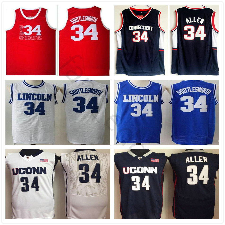 

NCAA Connecticut Huskies College Ray #34 Allen Jersey Jesus Shuttlesworth Lincoln High School Basketball Jersey 1998 Film He Got Game Jersey, Black;red