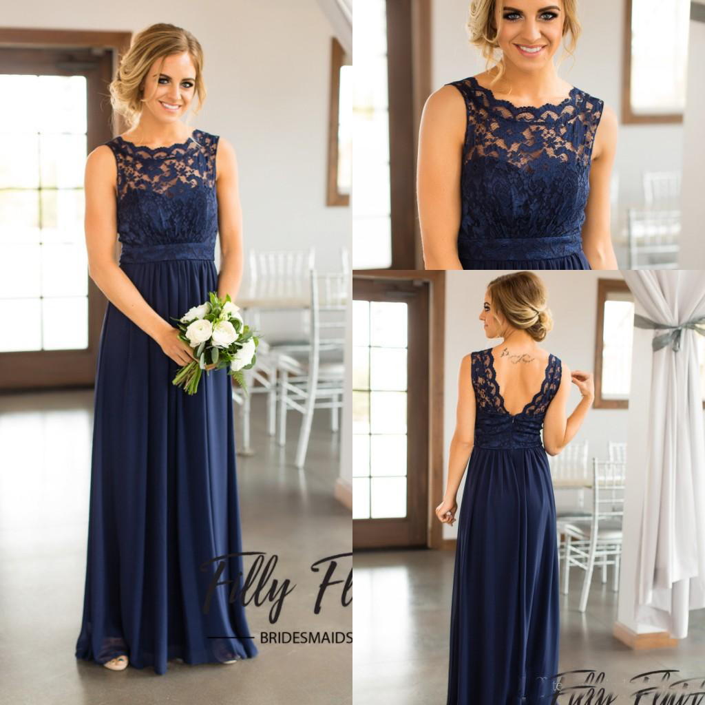New Country Navy Blue Bridesmaid Dresses Cheap Beach Beach Chiffon Lace Sheer Long Pregnant Maid of Honor Party Gowns