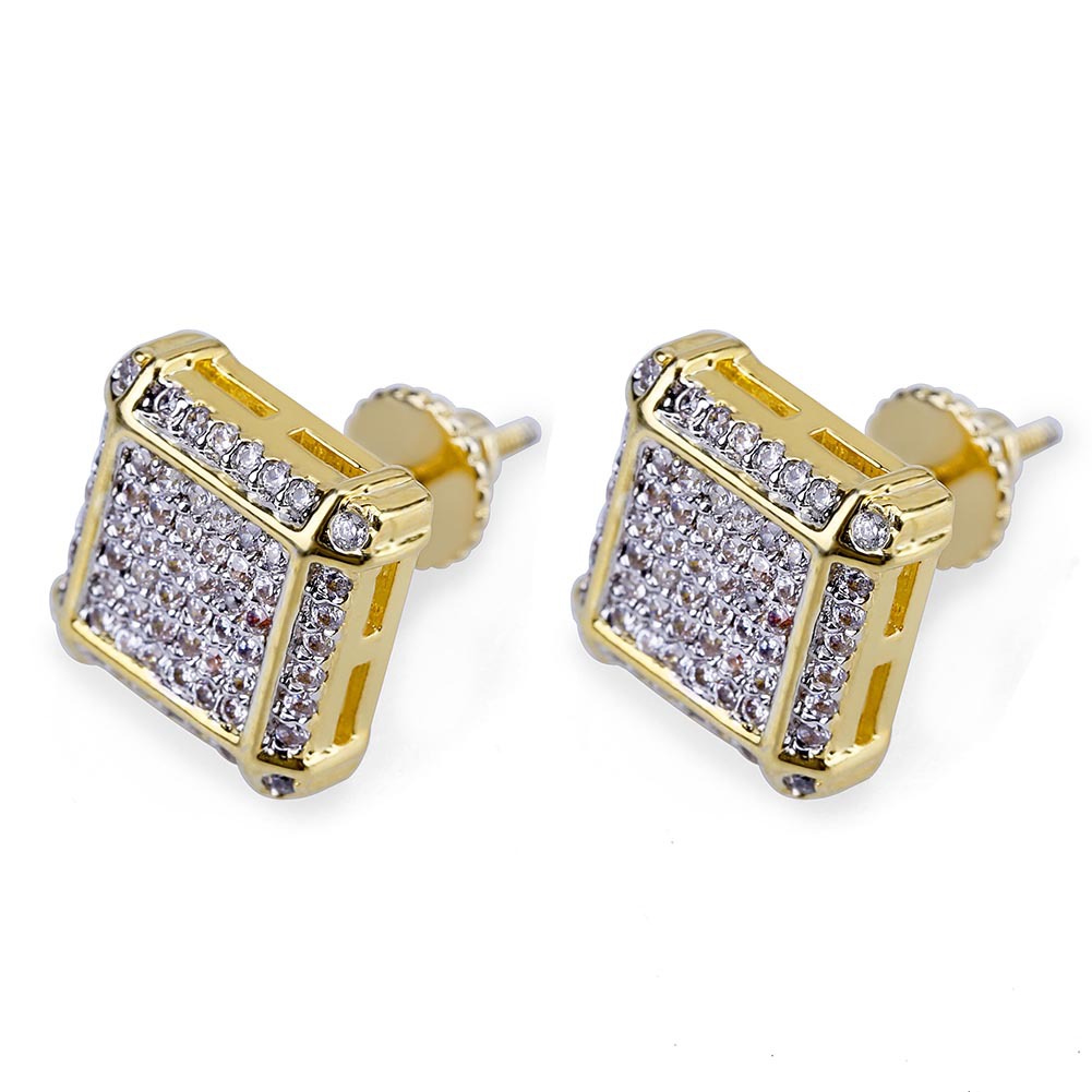 Hip Hop Square Stud Earrings Screw Back Bling Full White Zircon Earrings Gold Plated Vintage Geometric Jewelry