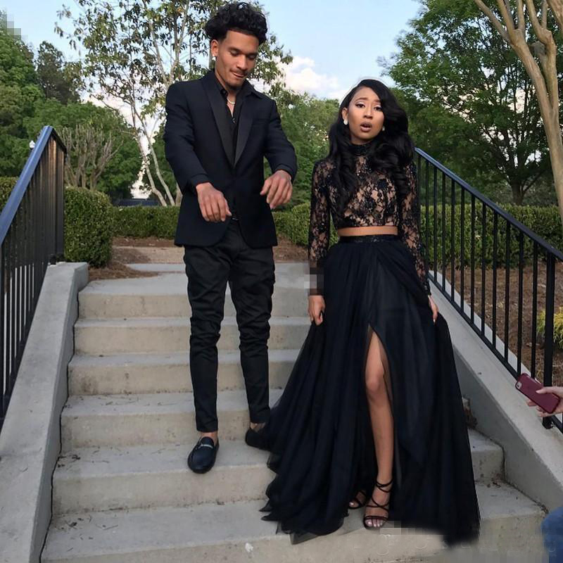 Couple Fashion Two Piece Black Prom Dresses With Lace Long Sleeve Aline Tulle Side Split Evening Party Gowns Galurken 0521