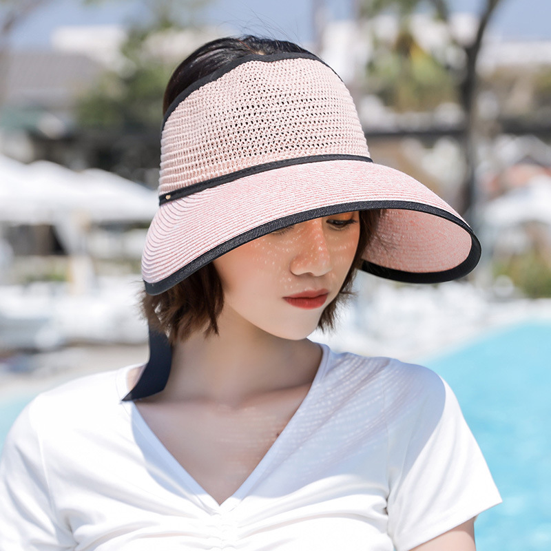 Fashion Women Ladies Summer Large Wide Brim Sun Hat Foldable Roll Up Bowknot Decor Beach Visor Cap Outdoor Travel Cap Empty Hat