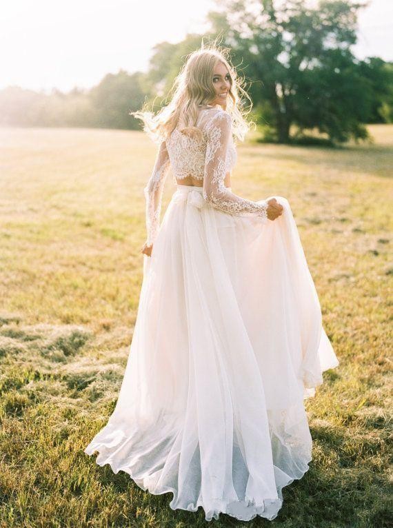 Simple Country Wedding Dresses Bohemian Two Pieces Jewel Neck A Line Lace and Tulle Long Sleeve Bridal Gowns 2019