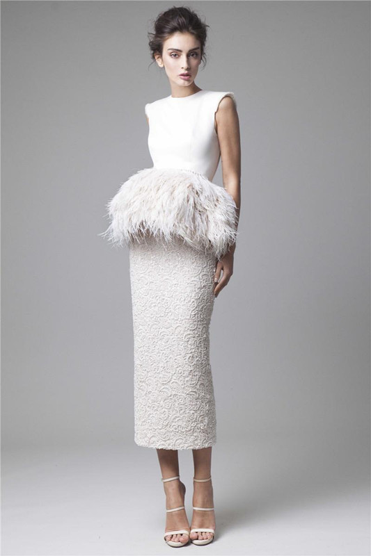 Krikor Jabotian White Feathers Evening Dresses 2023 Formal Back Split Peplum Fur Pencil Sheath Tea Length Prom Gowns Lace Party Gowns