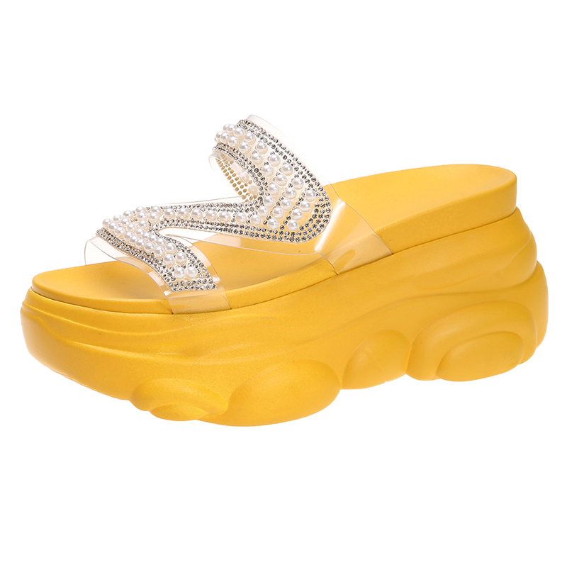 2020 New Summer Open Toe Outside Women Slippers Woman High Platform Wedges Sandals Ladies 8.5CM Heels Casual Beach Flip-Flops, Black
