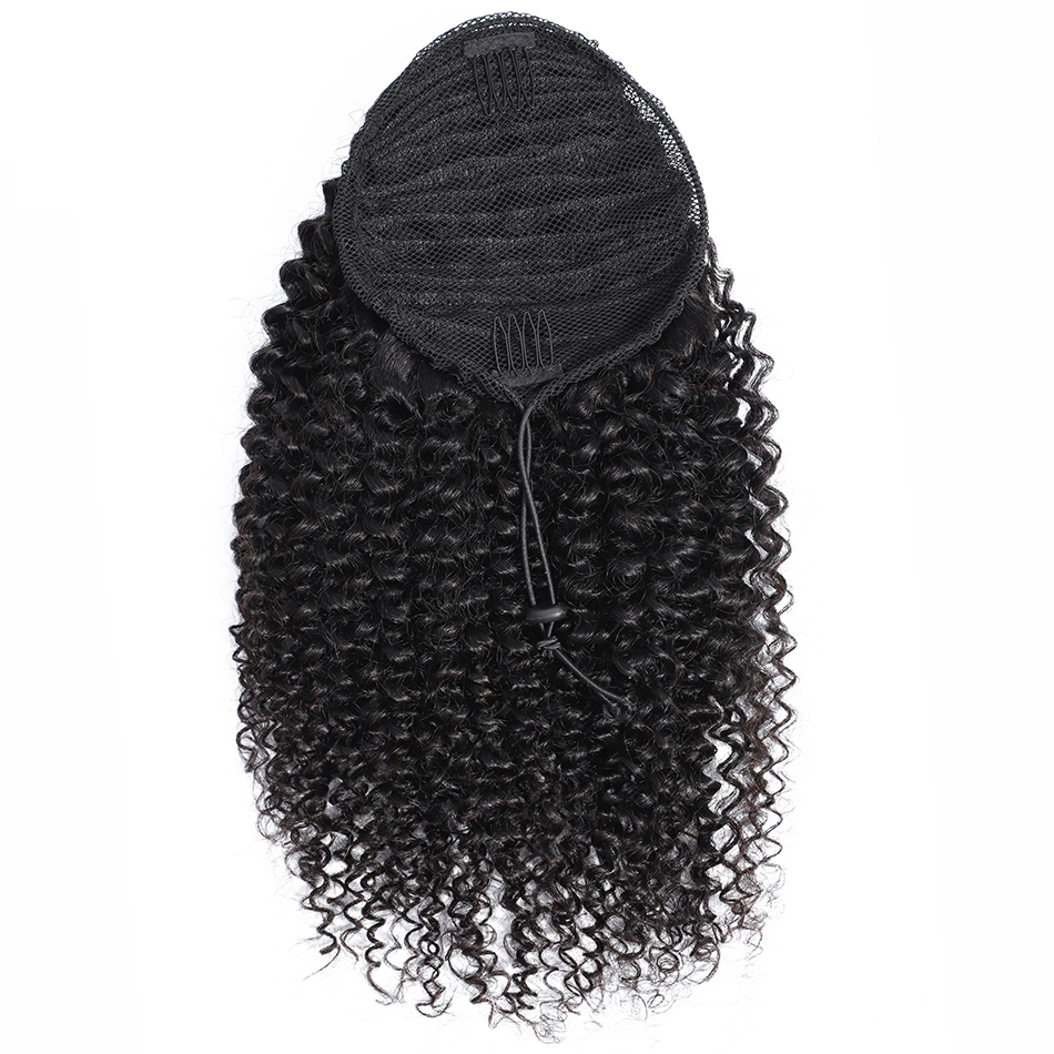 Afro Kinky Curly Human Remy Brazilian Drawstring Ponytail 1 Piece Clip In Hair Extensions 1B Pony Tail