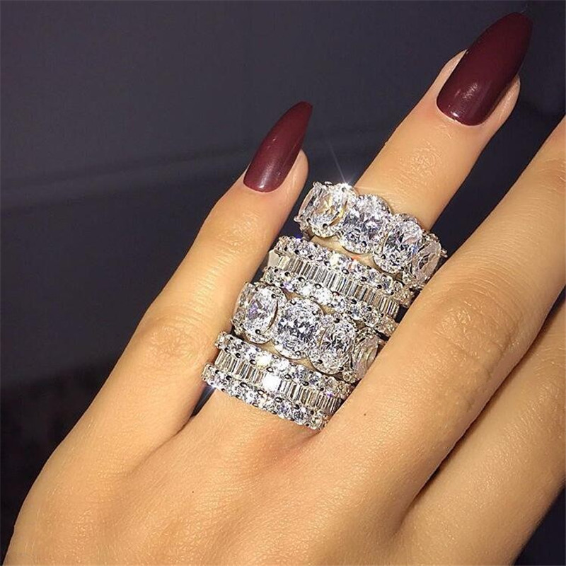 Ins Hot Sparkg Jewelry Real Sterg Sier Oval Cut Big White Topaz CZ Dia Gemstones Party Women Wedding Band Ring Gift