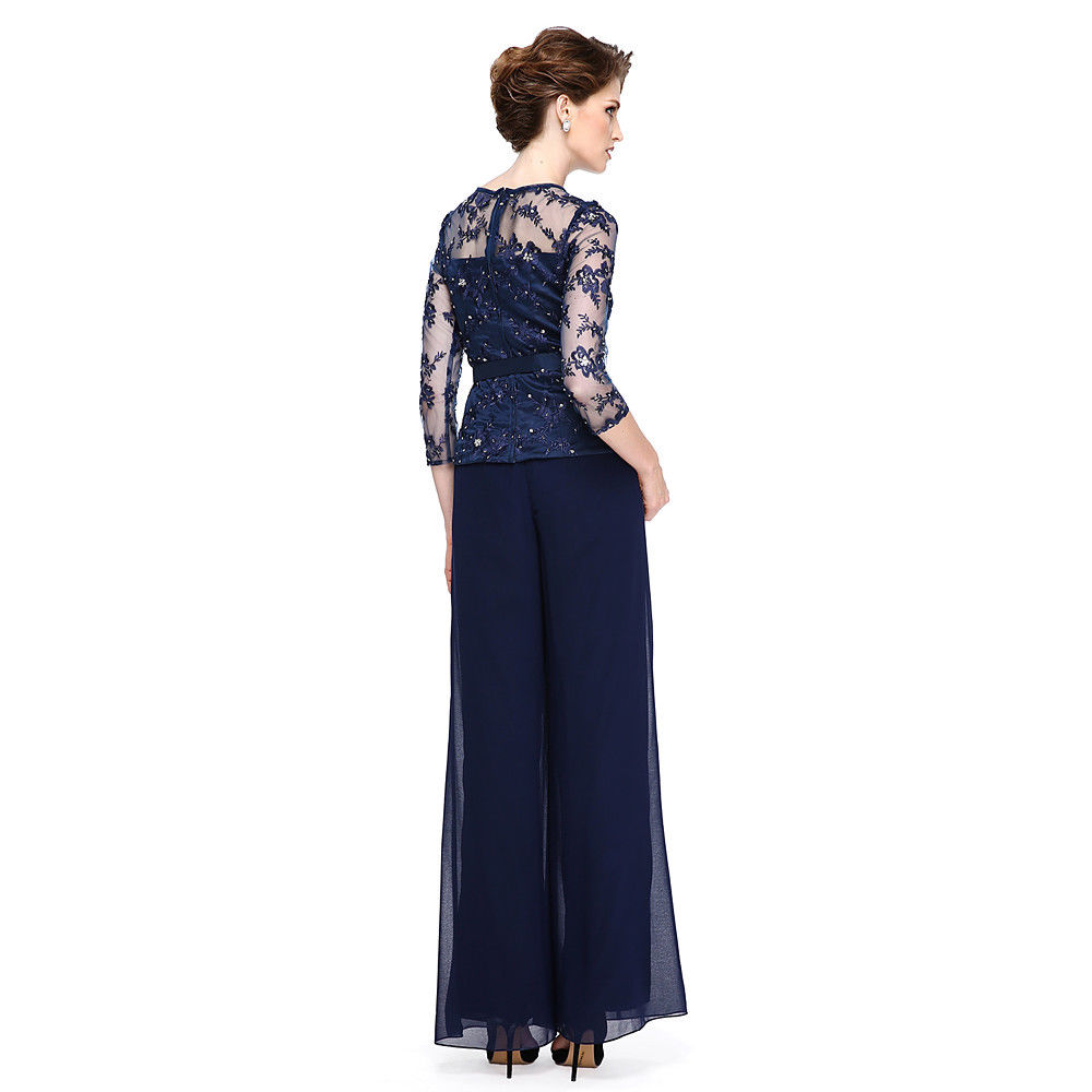 Navy Blue Mother of the Bride Dresses Pant Suits For Wedding Lace Plus Size 3/4 Long Sleeve Formal Garment Outfit Evening Wear