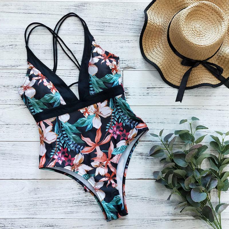 

Women' Swimwear 2020 High Waisted Bikini Push Up Plunging Neckline High Waist Tropical Print Open Back Swimsuit Bathing Suit, Black