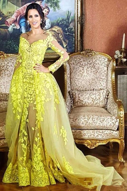 yellow mermaid prom dresses with detachable train long sleeve lace appliqued evening dresses formal gowns vestidos de fiesta