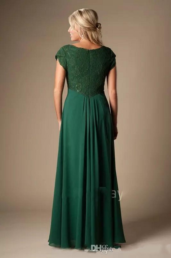 Vintage Dark Green Bridesmaid Dresses Long Short Sleeves Lace Chiffon Modest Cheap Wedding Party Dresses A-line Maids of Honor Dress