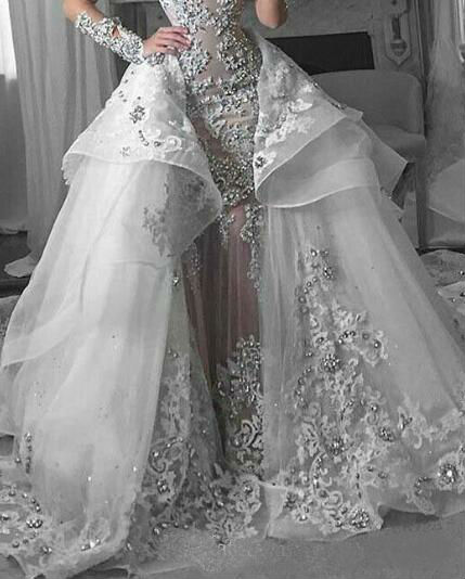 Luxury Crystals Wedding Dresses with Detachable Train High Collar Long Sleeve Wedding Dress Arabic Dubai Vintage Vestido De Novia