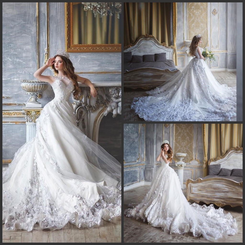 2019 New Lace Ball Gown Wedding Dresses Beaded Art Neck Monique Lhuillier Appliqued Bridal Gowns Sweep Train Long Dress For Bride