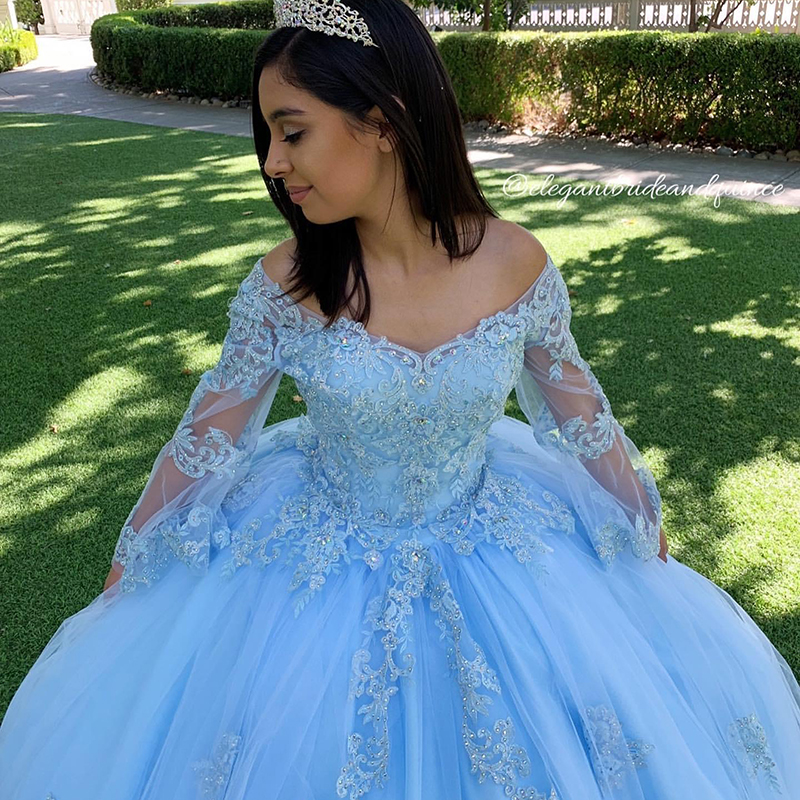 Sky Blue Lace Quinceanera Prom Dresses V-neck Long Sleeves Ball Gown Tulle Evening Party Sweet 16 Dress