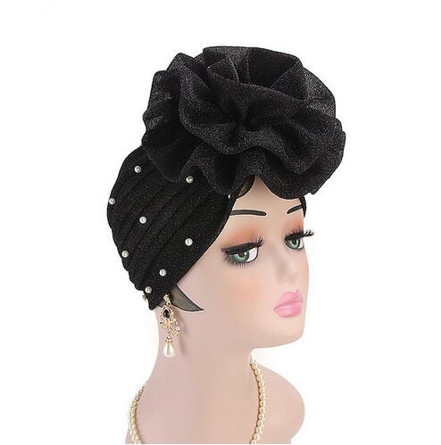 Women Beaded Glitter Turban Big Flowers Headband Wedding Party Head Scarf Hair Lose Cap Head Wraps Hair Accessories GB588