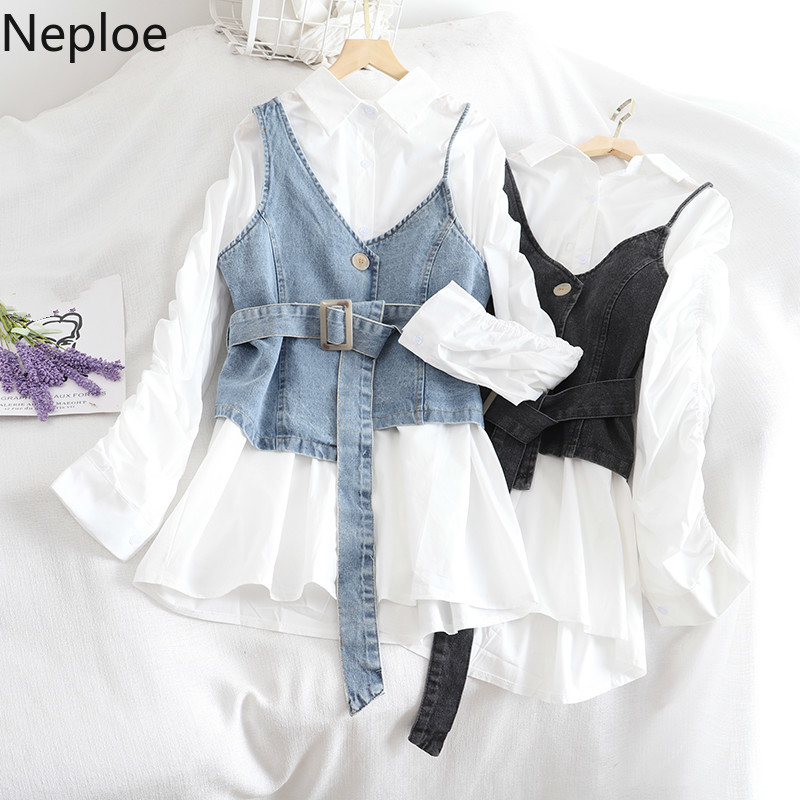 Neploe 2020 Spring New Women Sets White Long Sleeve Medium-long Blouse + Demin Belt Slim Waist Bvest Korean Fashion Suits 58487, Black
Neploe 2020 Spring New Women Sets White Long Sleeve Medium-long Blouse + Demin Belt Slim Waist Bvest Korean Fashion Suits 58487, Black