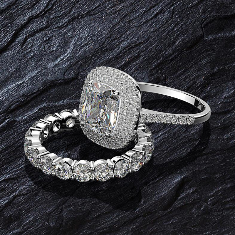2PCS Couple Rings Luxury Jewelry 925 Sterling Silver Cushion Shape White Topaz Pave CZ Diamond Gemstones Gemstones Women Wedding Bridal Ring