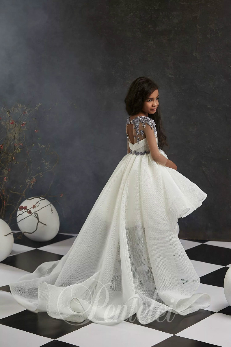 Lovely A Line Flower Girl Dresses Jewel Long Sleeve Hollow Lace Applique Pearls Pageant Dress High Low Girl's Birthday Party 0508