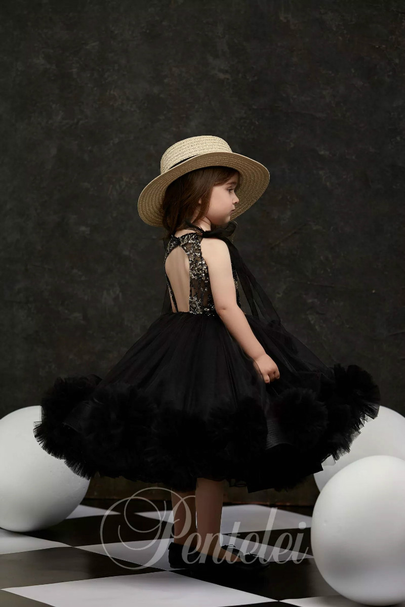 Dreamly Ball Gown Flower Girl Jewel Sleeveless Hollow Sequins Lace Tulle Tiered Pageant Dress Knee Length Girl's Birthday Part 0508