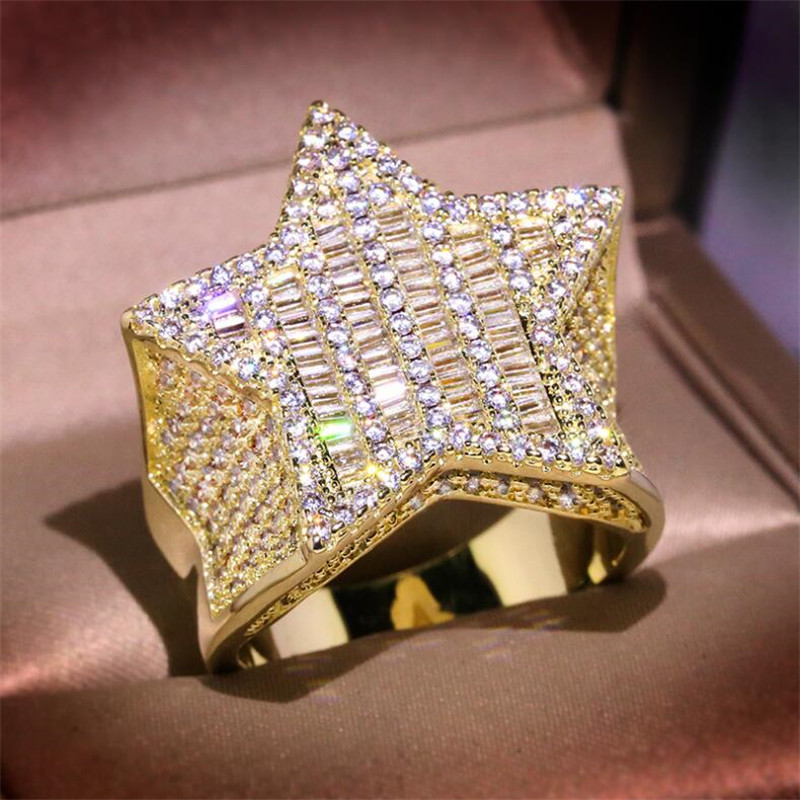 Hip Hop Vintage Fashion Jewelry 925 Sterling Silver&Gold Fill Pave White Sapphire CZ Diamond Party Five Star Women Men Wedding Band Ring