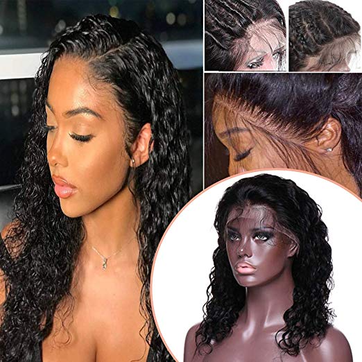 Water Wave Human Hair Lace Front Wig Pre-plucked 14 Inch Brazilian Virgin Hair Curly 360 Lace Wigs for Black Women 130%density