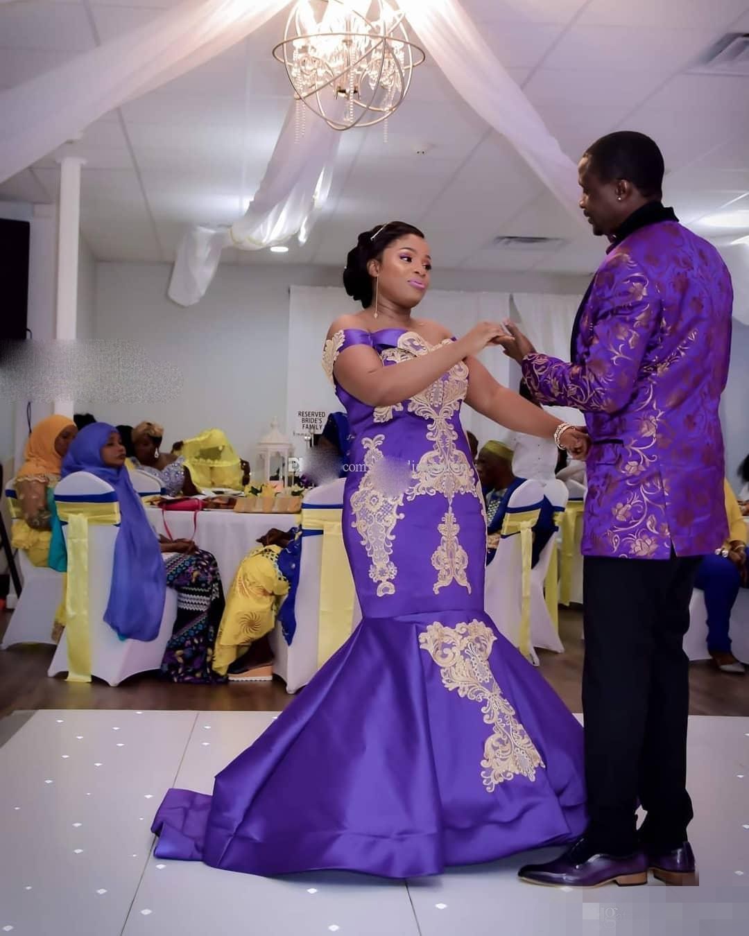 Royal Purple Plus Size Prom Dresses Mermaid Satin Gold Lace Applique Embroidery Satin Sweep Train Custom Made African Evening Formal Gown