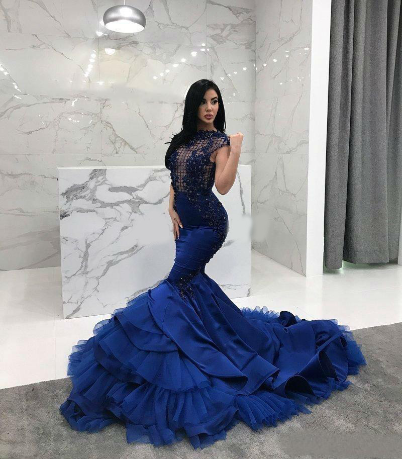 Arabic Blue Mermaid Evening Dresses High Collar Cap Sleeve Tiered Sweep Train Appliques Beads Crystal Women Celebrity Dress robes de soirée