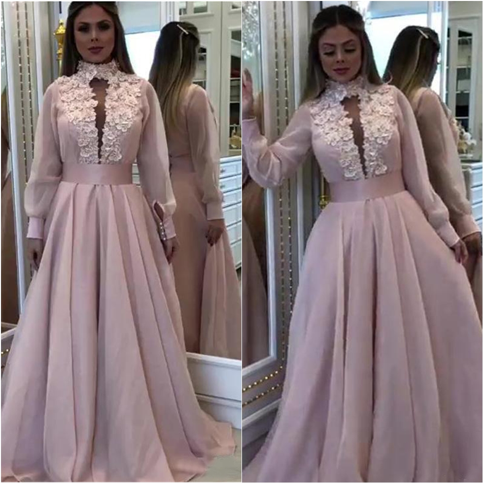 Elegant A Line Arabic Dubai Prom Dresses High Neck Long Sleeves 3D Flower Bead Formal Wear Floor Length Chiffon Evening Gown
