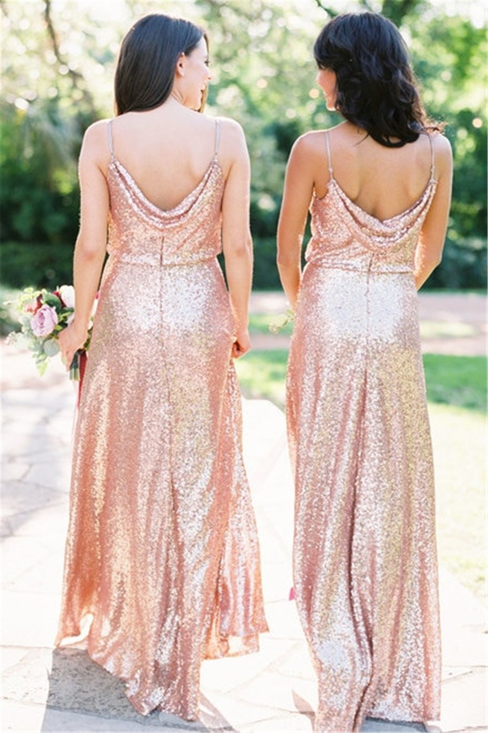 Long Rose Gold Sequins Country Bridesmaid Dresses South African Spaghetti Straps Full Length Summer Beach Maid of Honor Cheap Backless Gowns