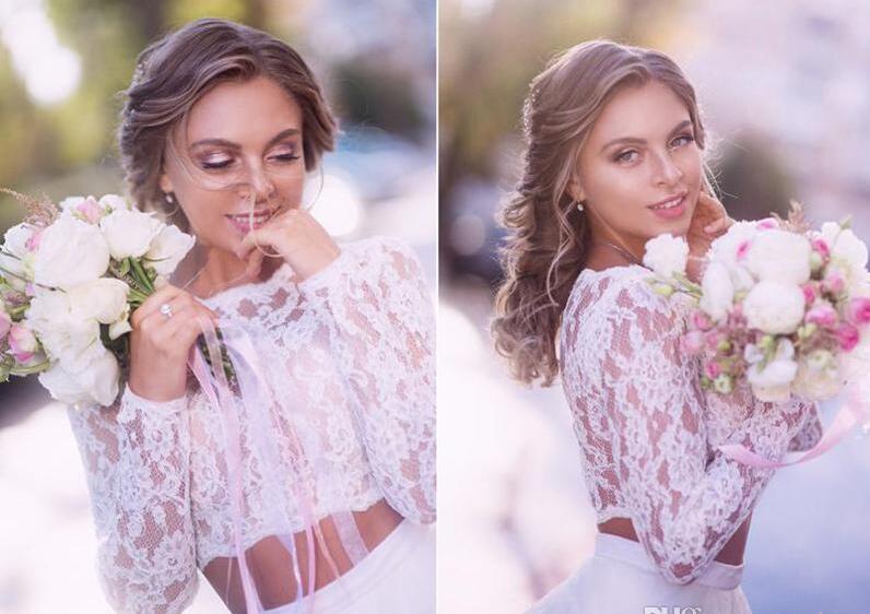 2019 New Beach Wedding Dresses Long Sleeves Lace Bride Gowns ruched two Pieces Princess Boho Long Sleeve With Tulle Bridal Dress zipper