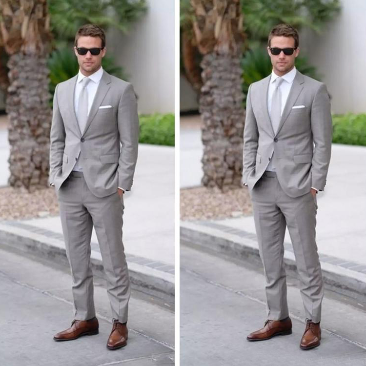 Light Gray Groom Wedding Tuxedos Slim Fit Two Button Pants Suits Peaked Lapel Men Prom Jacket