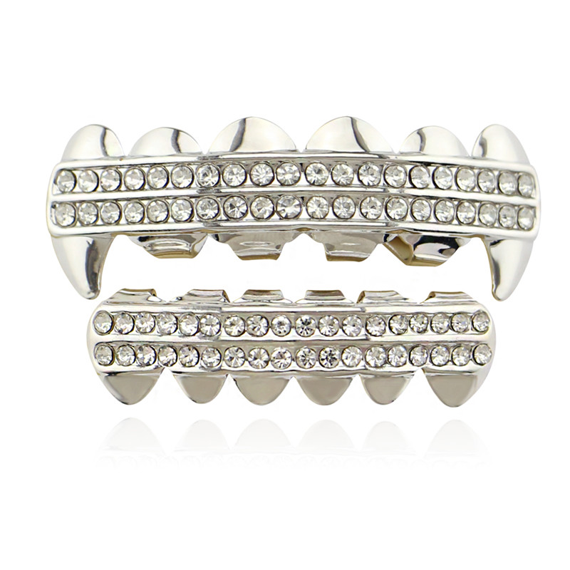 Punk Gold Teeth Grillz 2 Row Iced Out Grills Dental Hip Hop Vampire Fangs Teeth Caps Halloween Party Body Jewelry