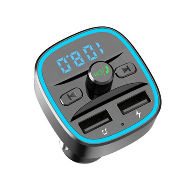 Bluetooth FM Transmitter Blue Ambient Ring Light Wireless Radio Car Receiver Adapter Kit With Hands-Free Calling Dual USB Charger