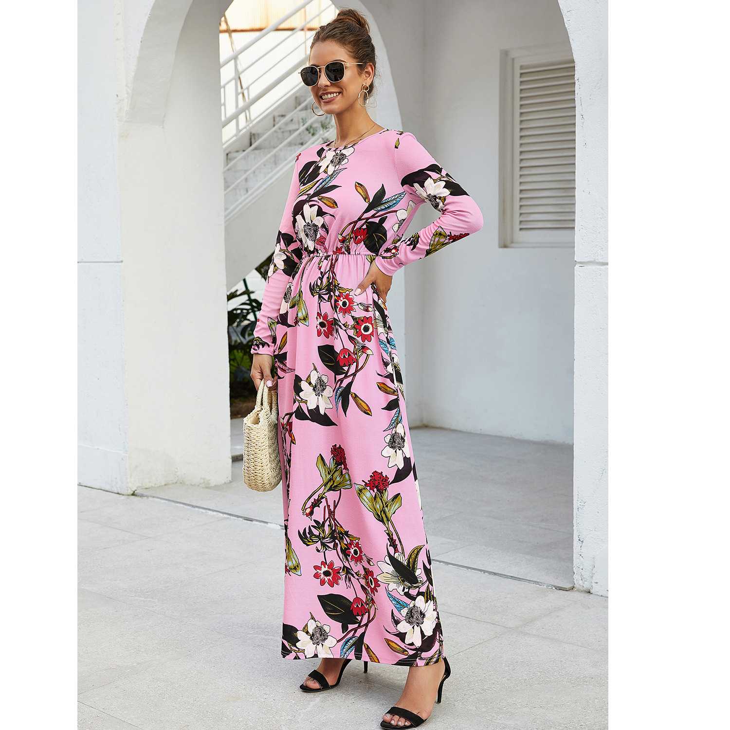 2019 new winter explosion models in Europe and pocket printing long-sleeved round neck dress waist dress