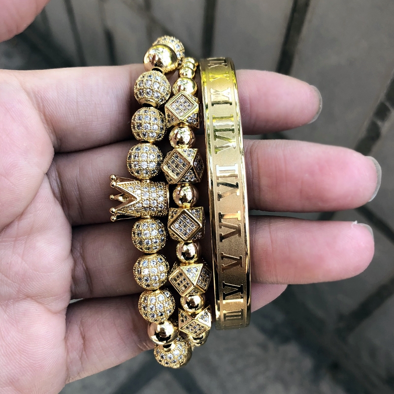 3pcs/set Men Bracelets Luxury Crown Charm Micro Pave CZ Round Braided Macrame Bracelet Pulseira Feminina Handmade Jewelry Women Gift Valentine's 