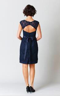 Lace Bridesmaid Dresses Knee Length Scoop Hollow Sashes Cap Sleeve Navy Blue Junior Bridesmaid Gowns For Evening Dress