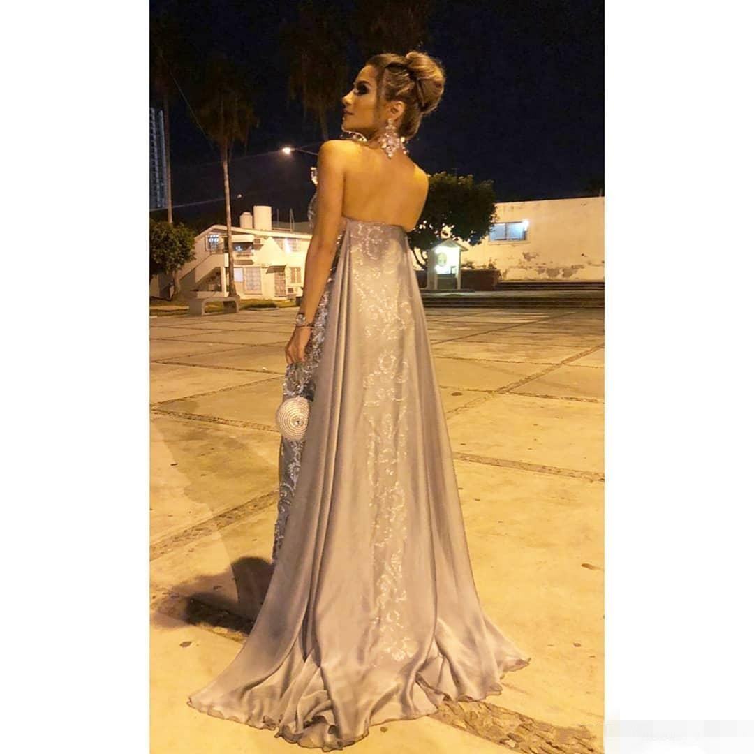 Sier Grey Mermaid Prom Dresses Sequins Beaded Applique With Cape Chiffon Custom Made Evening Gown Formal Ocn Wear Plus Size