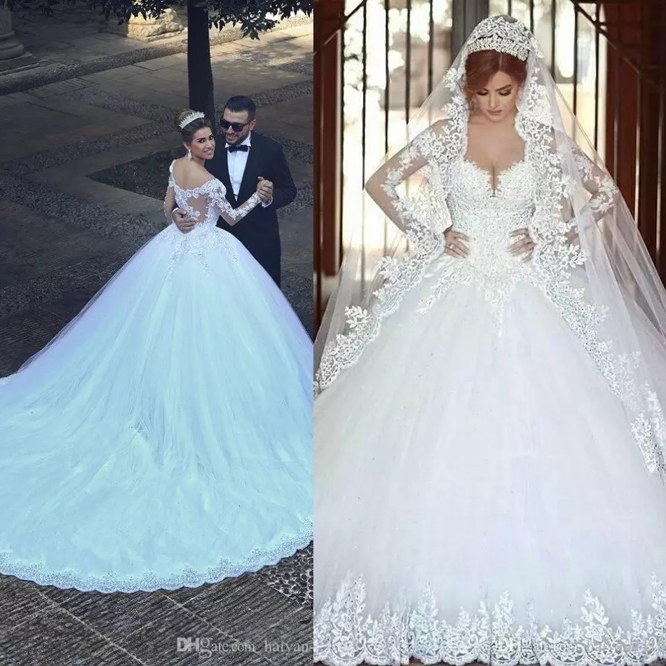 2019 Modern Arabic A Line Wedding Dresses Said Mhamad Off Shoulder Long Sleeve Lace Appliques Beads Long Chapel Train Plus Size Bridal Gowns