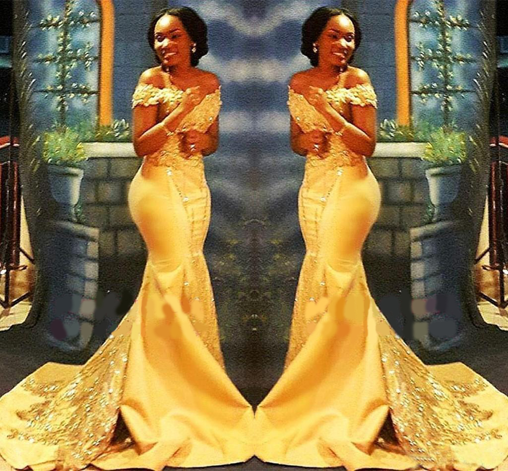African Nigerian Yellow Mermaid Prom Dresses 2020 Off Shoulders Lace Sequined Satin Evening Prom Gowns Arabic Dresses