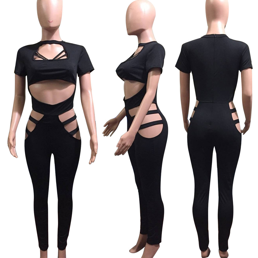 HAOYUAN Rompers Womens Jumpsuit Bodycon Hollow Out Overalls 2017 Fall Black Red Bodysuit Leotard Sexy Clubwear Bandage Jumpsuit q1110