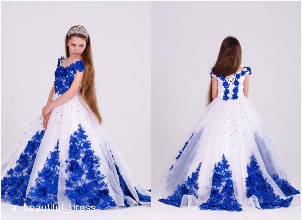 Royal Blue White Flowers Girls Pageant Dresses V Neck Lace Up Princess Prom Dress Floor Length Kids First Communion Gowns FG1340