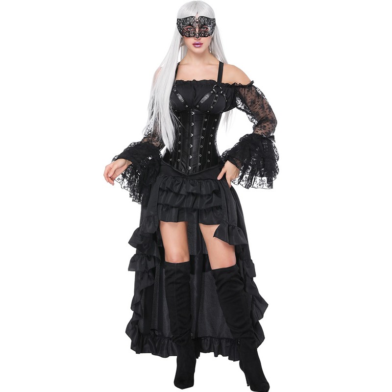 Women Spaghetti Strap Satin Underbust Corset and A Layered Hi-lo Long Skirt Halloween Cosplay Steampunk 2pcs Set Gothic Corset Dress Outfit