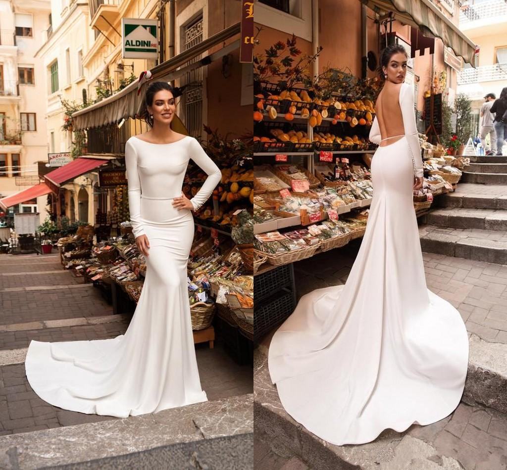 Jewel Mermaid Wedding Dresses Satin Backless Sweep Train Elegant Country Wedding Gowns Long Sleeve Beach Formal Bridal Dresses B57, Ivory
Jewel Mermaid Wedding Dresses Satin Backless Sweep Train Elegant Country Wedding Gowns Long Sleeve Beach Formal Bridal Dresses B57, Ivory