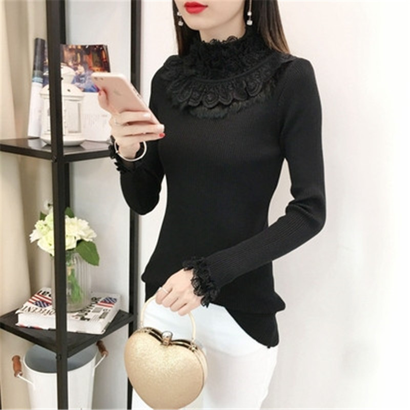 Autumn Winter Women Sweater Pullover 2019 New Lace shirt Long Sleeve Ruffled Slim Pull Knit Half Turtleneck Sweater Female ZZ643