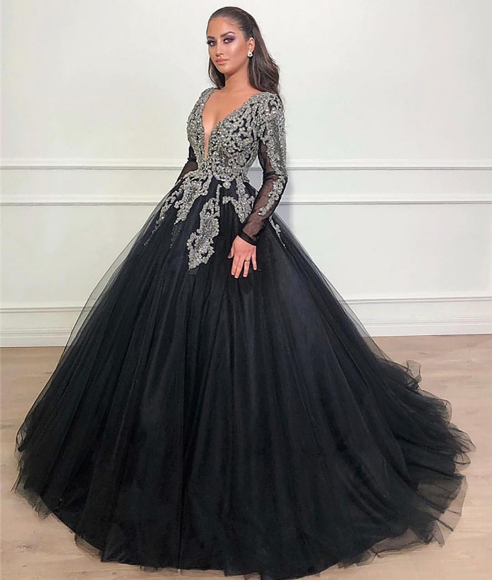 Luxury Lace Evening Dress With Beadings Sexy Deep V-neck Party Dresses Long Sleeves Robe de Soiree