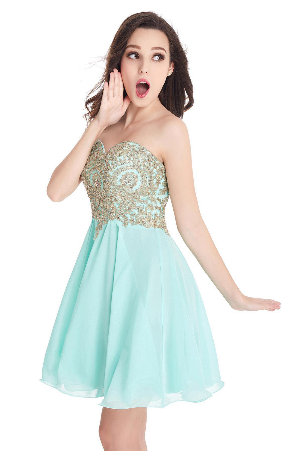Babyonlinedress Sexy Backless Golden Lace Homecoming Dresses 2020 Charming Sweetheart Neck Chiffon Short Cocktail Party Prom Gowns CPS406