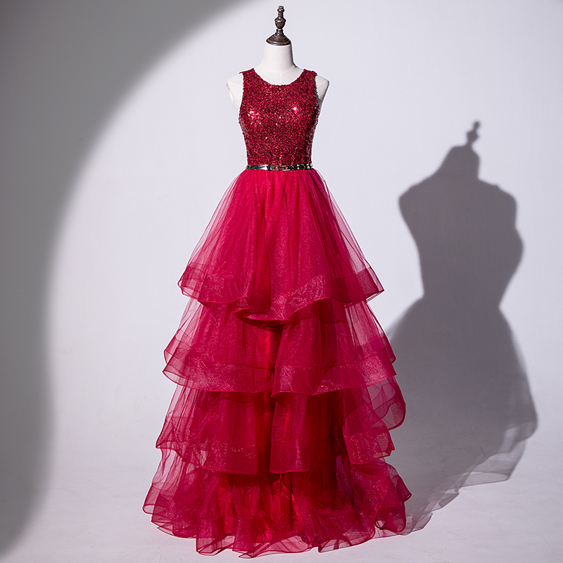 Dark Red Long Prom Dress Layers Tulle with Sequins Long Evening Dress with Sash New Arrival Free Shipping
