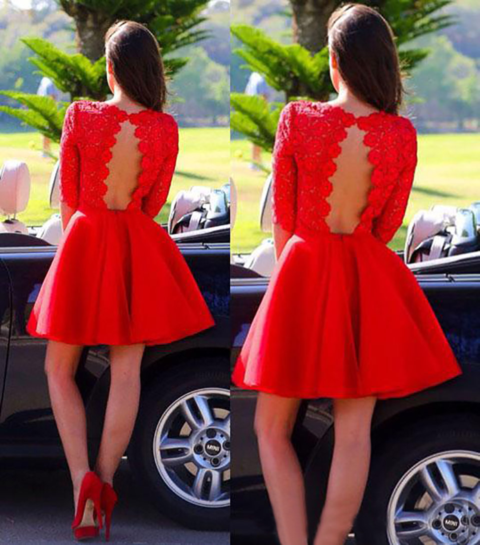 New Arrival A-Line Red Lace Half Sleeve Short Prom Bridesmaid Dresses Short Formal Party Dresses Open Back Custom Made BD9054