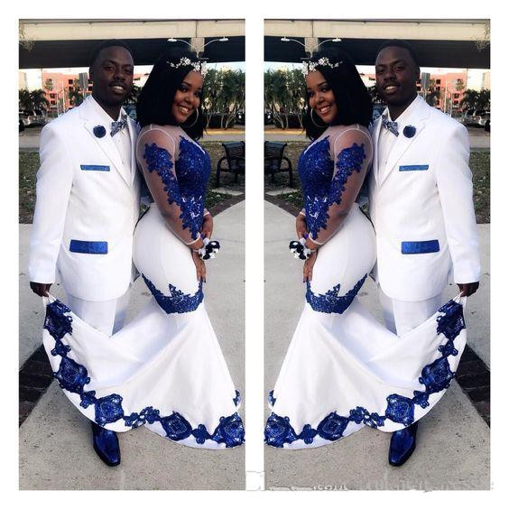 African White and Royal Blue Evening Dresses 2020 New Design Custom Applique Sheer Long Sleeve Mermaid Formal Prom Party Gowns E235, Black;red
African White and Royal Blue Evening Dresses 2020 New Design Custom Applique Sheer Long Sleeve Mermaid Formal Prom Party Gowns E235, Black;red