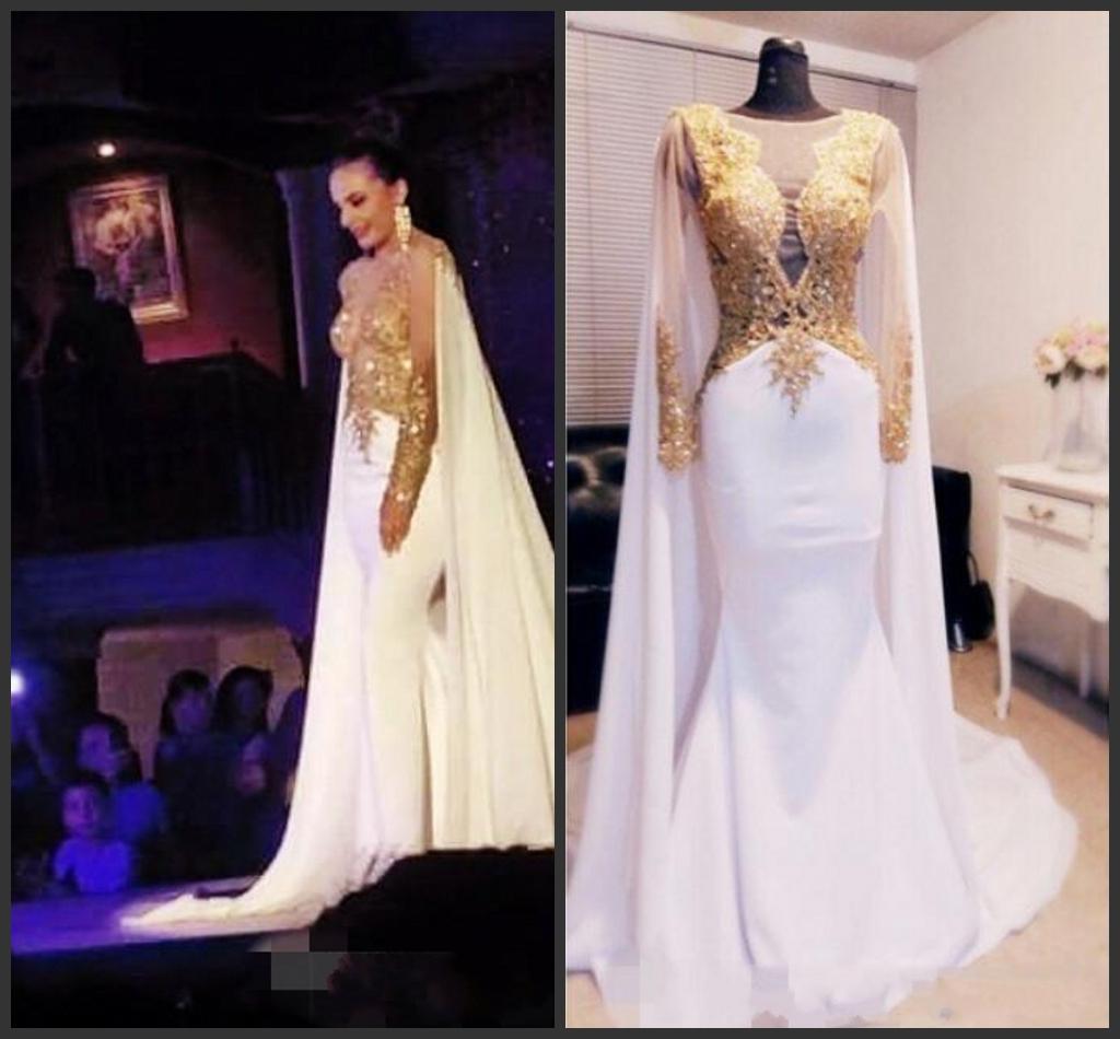 2019 New Elegant Arabic Beaded Gold Appliques Prom Dresses Long Sleeve With Cape Backless Formal Evening Gowns Kftan Red Carpet Party Dress