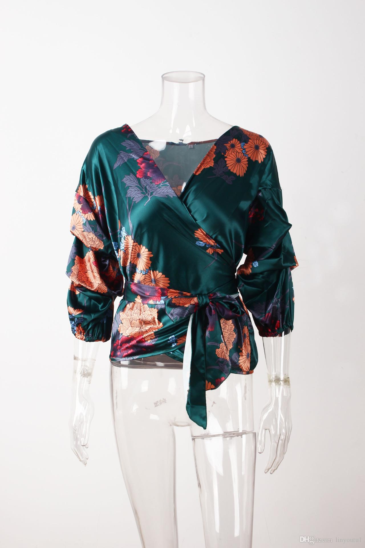 hot sale Women Blouse Sexy V Neck Floral Print Large Size Casual Belted Tunic Shirt Top Female women clothes